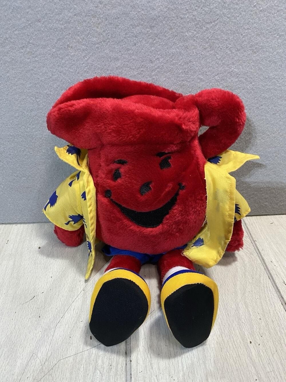 Vtg Red Kool Aid Man Stuffed Plush Doll 13" Yellow Hawaiian Punch Shirt Toy